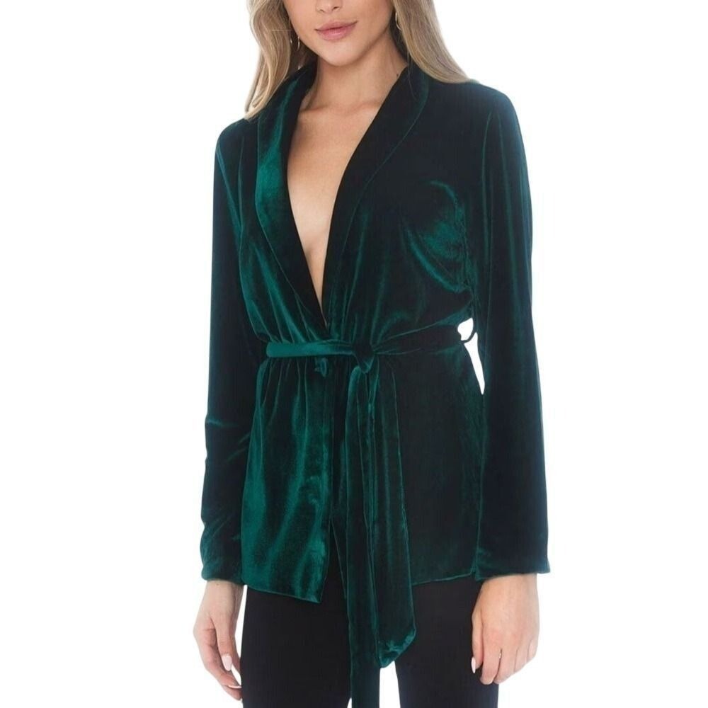 Charlie Holiday Venus Velvet Pin Tuck‎ Belted Blazer Emerald Green Women Size 8